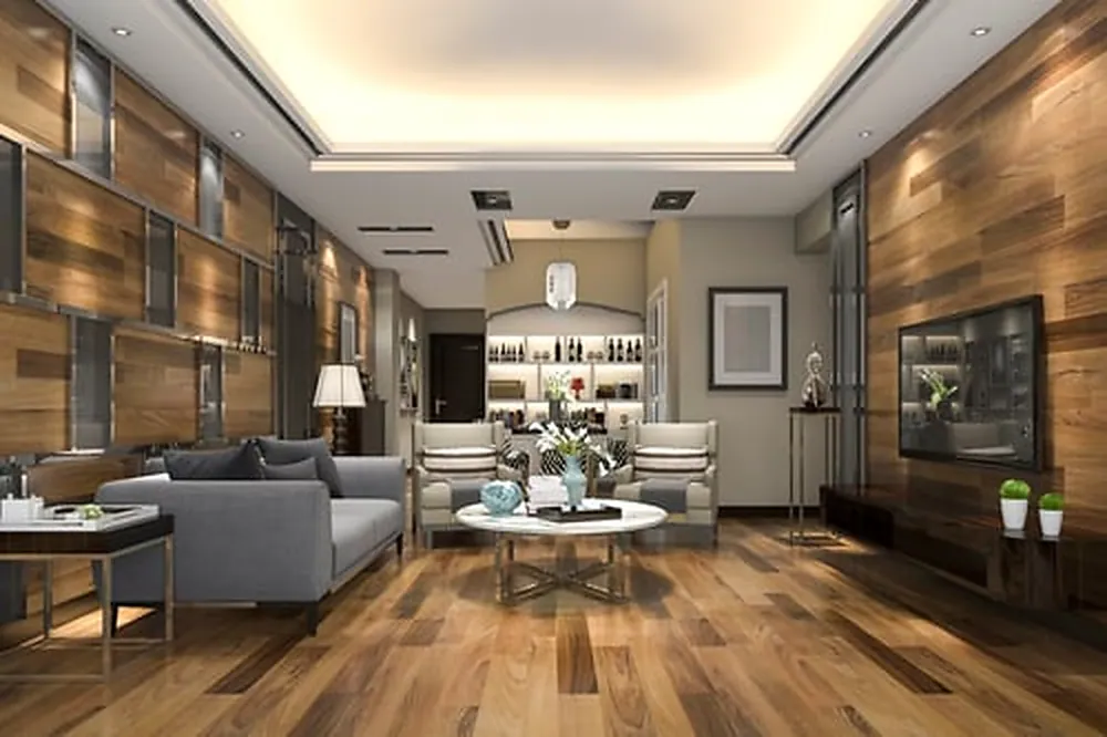 Warm modern living space with premium wood flooring installed by MB Flooring & Home Services