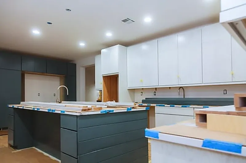 Kitchen and living space partway through a whole-home remodel in Washington