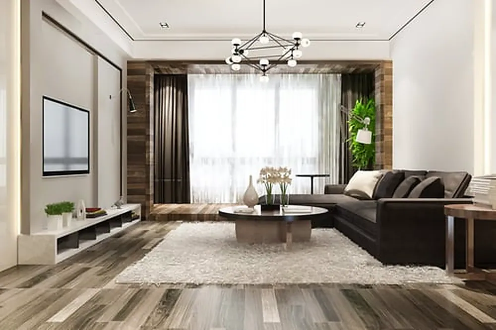 Luxury living room with wide-plank hardwood flooring installed by MB Flooring & Home Services in Tacoma, Washington