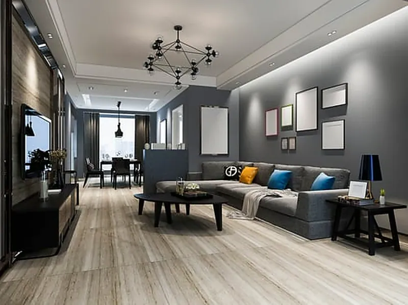 Modern open-plan living room with waterproof luxury vinyl plank flooring installed in Washington