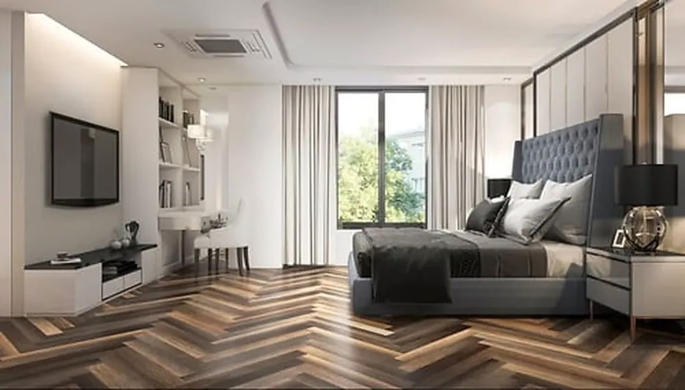 Herringbone hardwood flooring installed in a Washington home by MB Flooring & Home Services